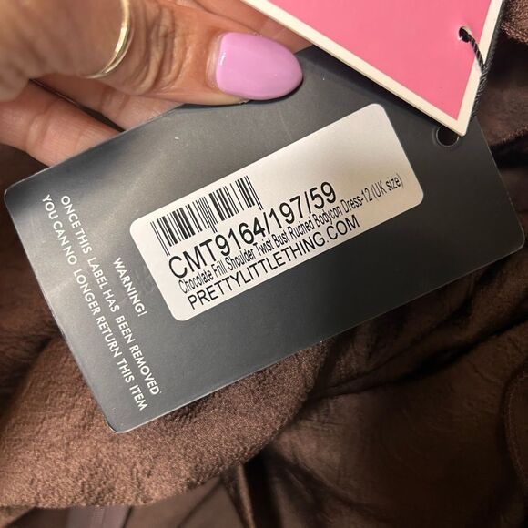 Prettylittlething chocolate frill shoulder twist bust ruched bodycon dress NWT - Picture 5 of 7